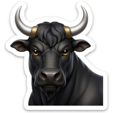 Cinematic Noble Black Bull Portrait Emoji, Poised and regal, with a massive, muscular build and a sleek, well-groomed pure black hide, deep-set soulful dark eyes, Simplified yet sharp and sophisticated features, highly detailed, glowing with a soft, dignified glow, high shine, intelligent and formidable, stylized with an air of strength, focused and attentive, soft glowing outline, capturing the essence of a watchful and confident guardian, so majestic it feels as though it could charge out of the screen with effortless authority! sticker