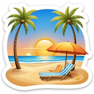 Icon for Beach Tourism: with the blue ocean, orange sunset, yellow sand beach and palm trees in the background, a sun umbrella, flip-flops, and a beach towel on the sand. The icon should represent relaxation and fun at the beach. Transparent background sticker