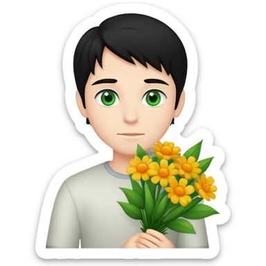 Boy with fair skin and black hair and green eyes with bouquet of flowers  sticker