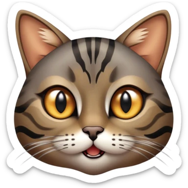Cinematic Comical Grey and Black Brown Tabby Cat Portrait Emoji, Head tilted dramatically with an exaggeratedly shocked or offended expression, sleek grey-brown fur with bold black tabby stripes, wide amber eyes filled with exaggerated disbelief, Simplified yet hilariously expressive features, highly detailed, glowing with a slightly sassy glow, high shine, dramatic yet playful, stylized with an air of attitude, bright and endearing, soft glowing outline, capturing the essence of a sassy and over-the-top feline, so meme-worthy it feels like it could side-eye its way into internet fame instantly! sticker