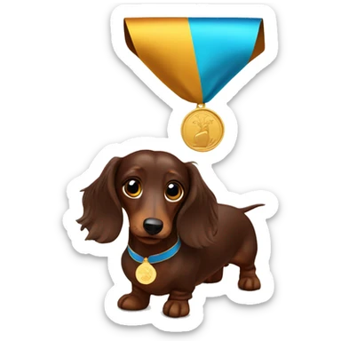 chocolate long-haired dachshund with a medal sticker