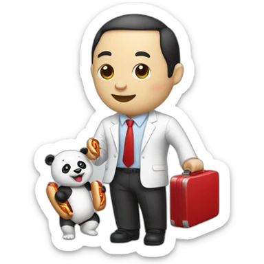 A professor with white suit and red tie and a panda face eating a hotdog and holding a black suitcase sticker