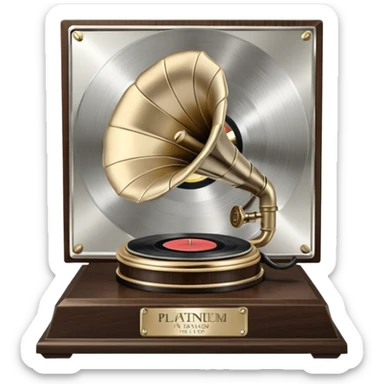 A platinum music award plaque: a square, polished platinum plate with a subtly textured, mirror-like finish, mounted on a simple dark wood base. The center features a relief of a vintage gramophone or stylized vinyl record in a slightly darker metallic tone.  sticker