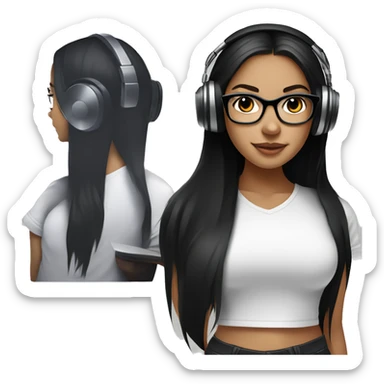 Fair skinned girl with brown eyes and long straight black hair with a black t shirt with glasses on with headphones on mixing on a dj mixer sticker