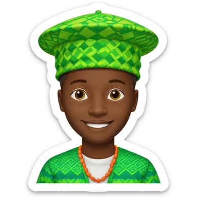 Create me an emoji of a cool Young Nigerian prince wearing a neon green gradient African patterns with "hula hat" (a Nigerian-inspired hat).  sticker