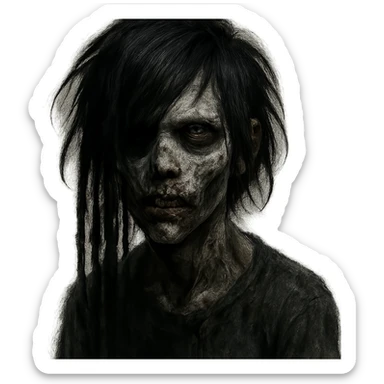 boy zombie with black medium-long emo hair with dreads, dark and spooky, creepy face sticker