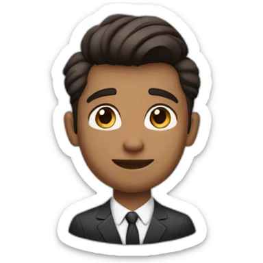 Quiff, 5'o clock shadow, short man, dark brown skintone, wearing airpods pro 2, formal wear, round face, medium sized nose, brown eyes sticker