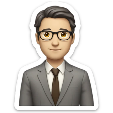 Full height Pale skinned Fit Man With dark brown hair in classic gray suit, beige office shirt, dark gray tie, and vintage glasses. His right hand is directed up sticker