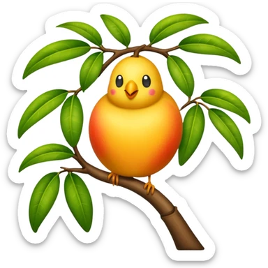 a house on a mango tree branch with a small bird inside, green leaves, emoji style sticker