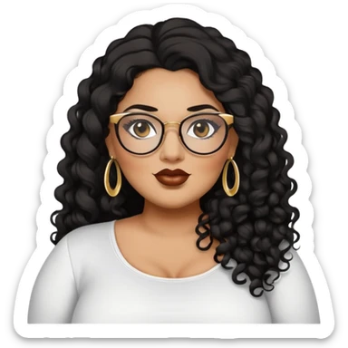 big plus size, darker tan skin, long black curly hair, baddie,pretty, makeup, lipliner, black eyeliner, long hair, gold earrings, white top, glasses sticker