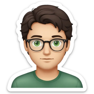 young man with dark slightly curled hair wearing glasses with green eyes and very light stubble, minimal facial hair sticker