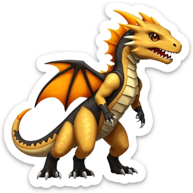 Magmatic fiery badass cool obsidian-Black and golden-orange Helioptile-Marowak-Charmeleon-Fakémon-hybrid-creature (full body)  sticker