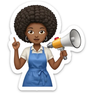 Mujer curvy afro, con vestimenta cómoda y delantal, y un megáfono en la mano sticker