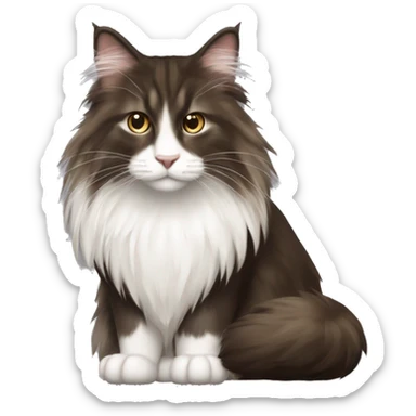 Norwegian forest cat with brown very dark long fur and white neck fur and white nose  sticker