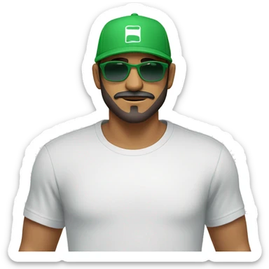 reate a young mixed-race man with a beard and moustache wearing an all-green cap and a white T-shirt. Add the supreme brand logo on the cap, brown eyes and a pair of sunglasses with blue glasses sticker