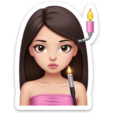 girl with lighter skin, dark brown long straight hair, pouty shiny lips without cupid's bow, large eyes, lighter button nose, long oval-shaped face, wearing a pink bandeau top with straight neckline sticker