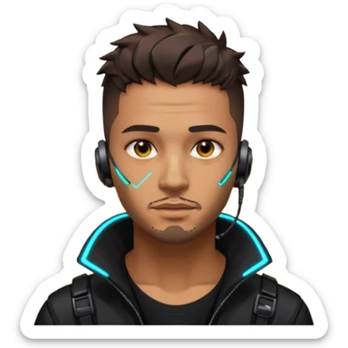 Cyberpunk street adult, hispanic, male, messy undercut, glowing earpiece, light stubble, brown eyes, neon reflections, headshot sticker