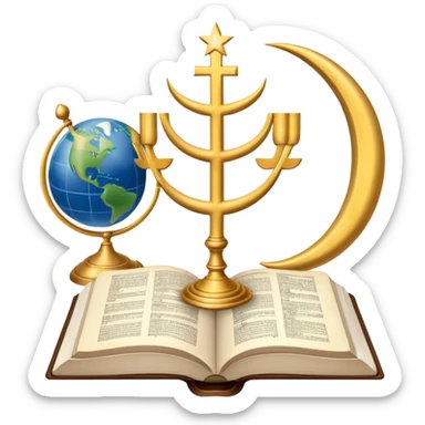 An icon featuring a Holy Bible, The Quran, Tara and the menorah, The Orthodox cross, a crescent moon, symbolizing the study of religions. The design includes diverse religious symbols and a globe, representing global beliefs and spiritual practices. Transparent background. sticker