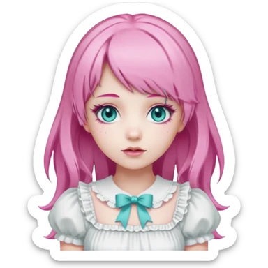 sweet lolita with pink hair, teal eyes, white skin, wearing a white dress sticker