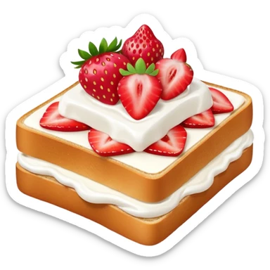 square toast topped with fluffy white cream, decorated with a strawberry bow made from two strawberry halves and a small sliced center, bright red and glossy sticker