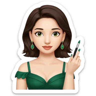 pretty bratz genmoji that looks like tamannah bhatia (bollywood actress), wearing a dark green sweetheart neckline top, dark brown hair, light makeup, no necklace, dangly earrings, side hair part, fair. dark brown eyes


Show her applying something on her face with a finger sticker