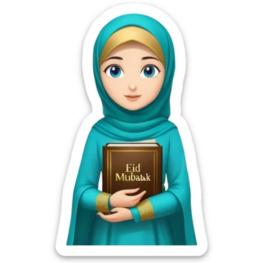 Turkish beautiful finish Konya girl blue eyes with gold hijab and islamic long tailed turquoise dress on the ground at her home garden and had on her hand text Eid Mubarak  sticker