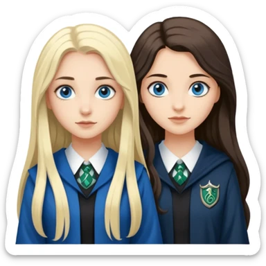 a pretty ravenclaw girl with long dark brown hair and blue eyes standing with a pretty Slytherin girl with long blonde hair, blue eyes sticker
