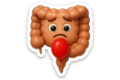 EMOJI STILE IPHONE DI un intestino triste con palloncino rosso sulla pancia, IPERREALISTICO 4K sticker