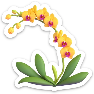 Realistic single orchid stem with multiple flowers arranged along one elegant arching stalk with green leaves sticker