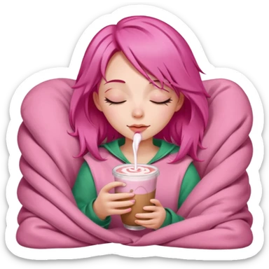 girl with pink hair inside a pink blanket sipping strawberry latte eyes closed emoji to use or share on Discord and Slack. sticker