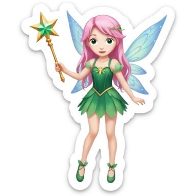 A flower fairy girl with long, light pink hair, holding a magic wand, one leg straight and the other bent, her whole body covered in fairy wings like Wendy's in Peter Pan. sticker