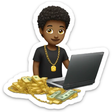 BOY WITH MONEY AND LAPTOP WITH GOLD CHAIN AND BLACK TEE sticker