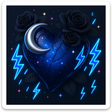 Add more neon lightning bolts to the dark blue glass gothic heart, with silver crescent, midnight roses, holographic sparkles, drenched and cracked glass, in the style of 3D emoji style. sticker