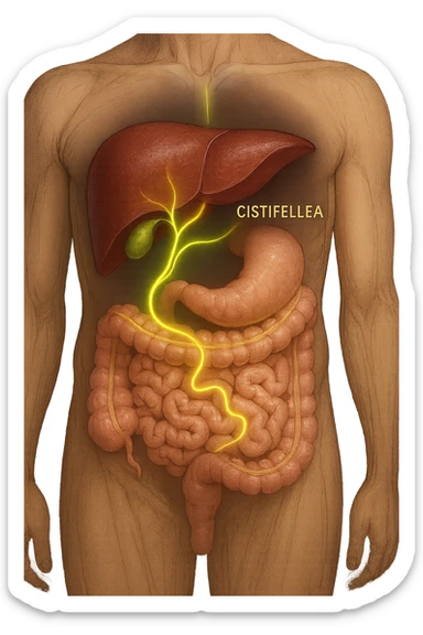 A detailed anatomical illustration-style image focusing on the human torso, highlighting the liver, gallbladder (cistifellea), and intestines. The organs are shown with realistic textures and colors: the liver in deep reddish-brown, the gallbladder as a small greenish sac tucked under the liver, and the intestines in soft pinkish hues. Connecting these organs are glowing, semi-transparent lines or light trails in vibrant colors (e.g., bright yellow or green) that visually trace the functional and physiological links between them. The lines flow smoothly from the liver to the gallbladder and then down to the intestines, symbolizing bile flow and digestive processes. The background is a subtle dark gradient that enhances the brightness and clarity of the lines and organs. The style is a blend of medical illustration and modern digital art, clear, precise, and visually engaging sticker