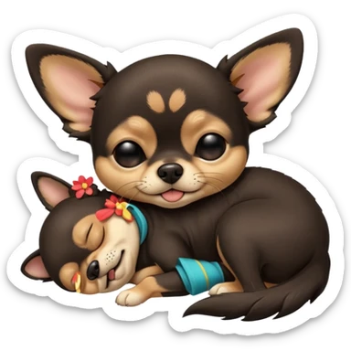 A high-resolution photo-realistic digital illustration of a cute black and tan chihuahua with eyes closed shut sleeping lazily on the ground sticker