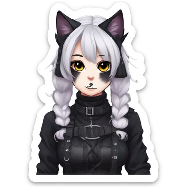 Gorgeous gothic dark techwear anime style anthro black cat furry with blushing face aesthetic and pretty edgy black with collar and harness trending style sticker