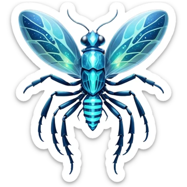 A bioluminescent insectoid with crystalline exoskeleton segments that refract light into dazzling patterns, sharp teeth, capable of phasing through solid objects when exposed to moonlight. sticker