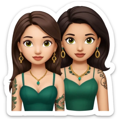 pretty bratz genmoji that looks like tamannah bhatia (bollywood actress), wearing a dark green sweetheart neckline top, dark brown hair, light makeup, no necklace, dangly earrings, side hair part, dark brown eyes, with full tattoos and neck tattoo big sticker