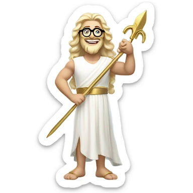 white Poseidon with gold Trident and nerd glasses. long hair white dress. smile . wink. pointing us sticker