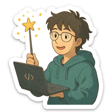 ghibli style developer with a magic wand, whimsical atmosphere sticker
