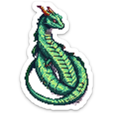 pixel art basilisk serpent entwined with a classic Windows logo, retro game style sticker