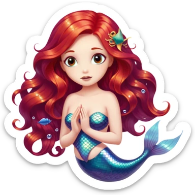 Cinematic Realistic Red Hair Mermaid Portrait, depicted with lifelike porcelain white skin that glows with an ethereal radiance, enhanced by soft underwater lighting. Her intricately detailed, flowing red hair cascades like liquid fire, framing deep, soulful eyes that mirror the mysteries of the deep sea. Accented by shimmering, iridescent scales and delicate aquatic embellishments, the portrait features an enchanting underwater glow that marries realism with mythic ocean elegance. sticker
