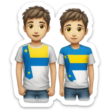 A boy with the flag of Ukraine on his T-shirt stands with the flag of Israel sticker