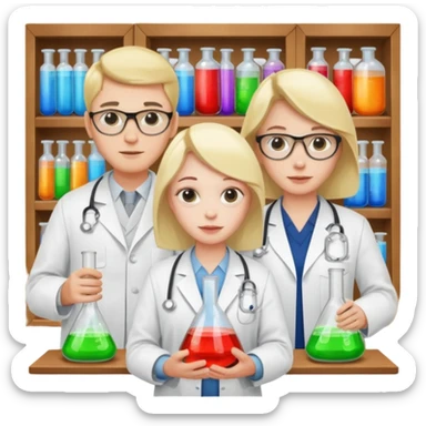 The team of three scientists is waist-deep, surrounded by chemical flasks and books sticker