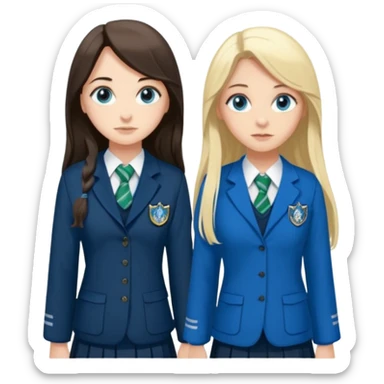 a pretty ravenclaw girl with long dark brown hair and blue eyes standing with a hot Slytherin girl with long blonde hair, blue eyes and big boobs  sticker