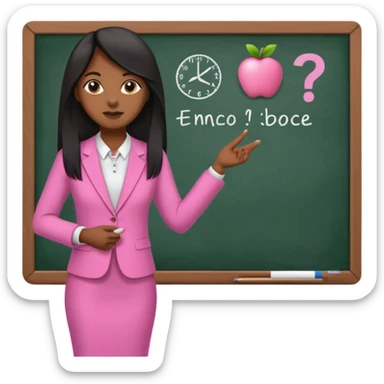 a brown skin teacher with hair with black straight long hair wearing pink not hot pink 2 piece set teaching up on a board the board  sticker