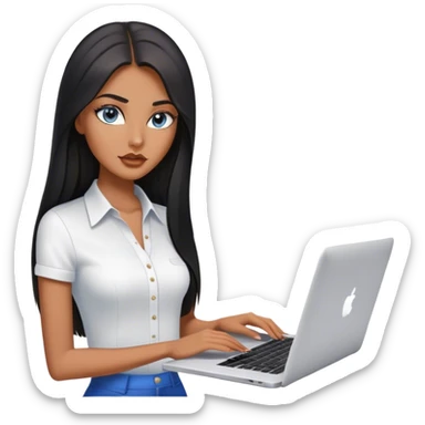 Glamours tanned very beautiful girl with pump nude lips and black straight smooth long hair, blue-grey eyes in white shirt with MacBook. sticker