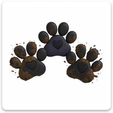 Make the two black puppy paws look muddy, keep the black heart around them and original style (original style slug: 3d-emoji) sticker