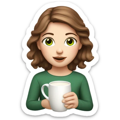 White girl with greenish eyes and brown hair drinking milk from a artisanal ceramic mug with little flowers sticker