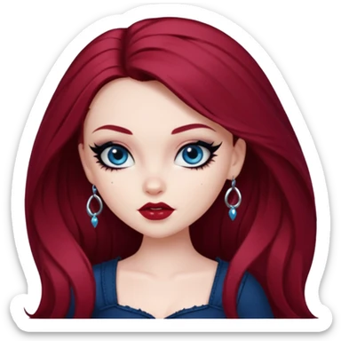 pale skin, girly bratz baddie, beautiful dark blue eyes, sharp black eyeliner, long dark red hair sticker
